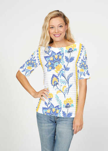 Bohemian Chintz Yellow (7898) ~ Banded Elbow Sleeve Boat Neck Top