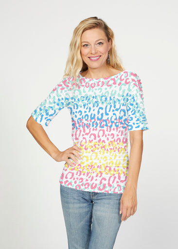Leopard Ombre Rainbow (7899) ~ Banded Elbow Sleeve Boat Neck Top