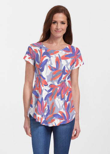 Colorful Palm Blue (7901) ~ Short Sleeve Scoop Neck Flowy Tunic