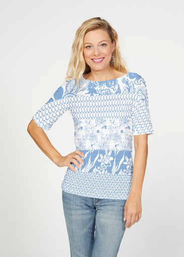 Patchwork Blue (7902) ~ Banded Elbow Sleeve Boat Neck Top