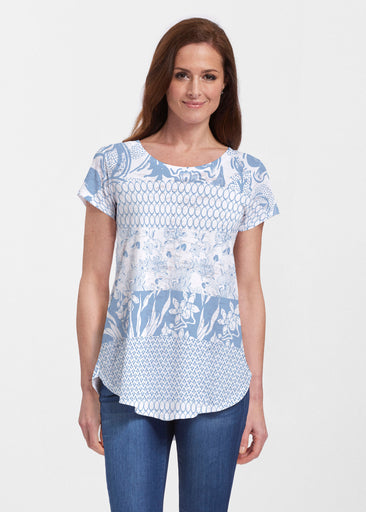 Patchwork Blue (7902) ~ Short Sleeve Scoop Neck Flowy Tunic