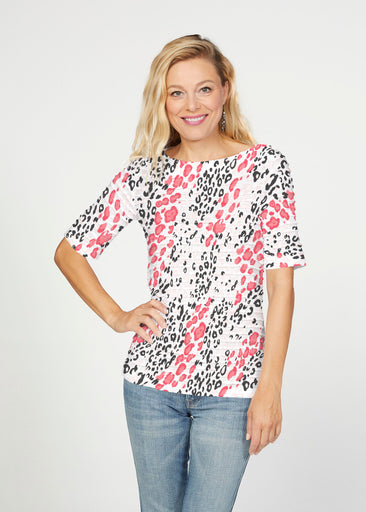 Greek Cat Pink (7903) ~ Banded Elbow Sleeve Boat Neck Top