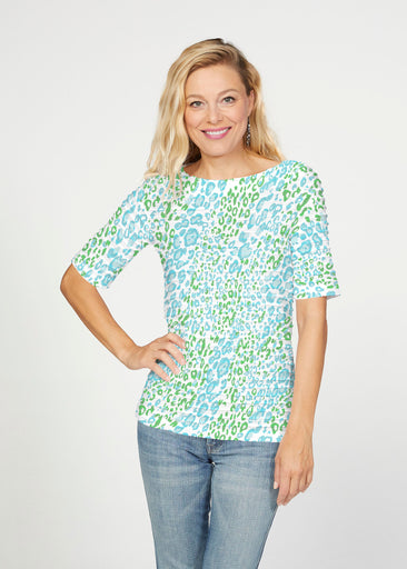 Greek Cat Green (7913) ~ Banded Elbow Sleeve Boat Neck Top