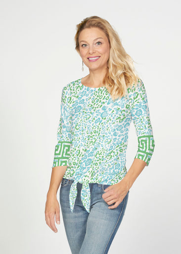 Greek Cat Green (7913) ~ French Terry Tie 3/4 Sleeve Top