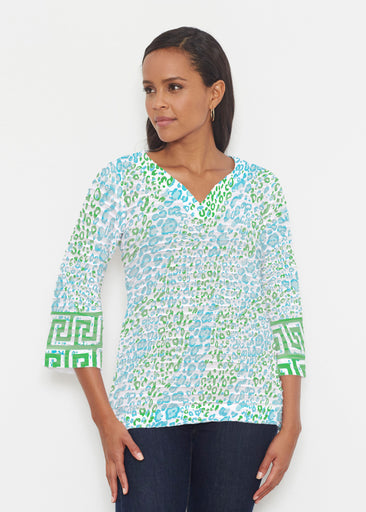 Greek Cat Green (7913) ~ Banded 3/4 Bell-Sleeve V-Neck Tunic