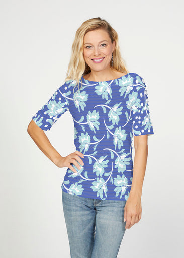 Polka Dot Floral Navy (7916) ~ Banded Elbow Sleeve Boat Neck Top