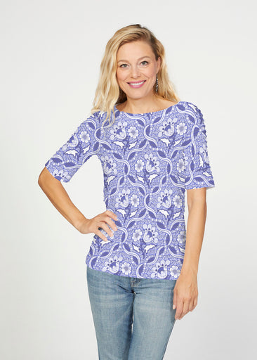 Braided Flower Navy (7917) ~ Banded Elbow Sleeve Boat Neck Top