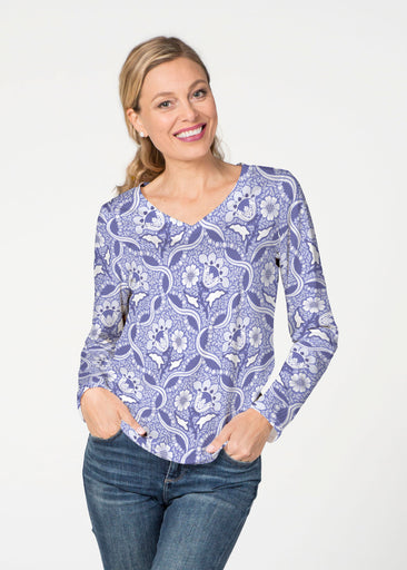 Braided Flower Navy (7917) ~ French Terry V-neck Top