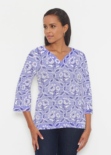 Braided Flower Navy (7917) ~ Banded 3/4 Bell-Sleeve V-Neck Tunic