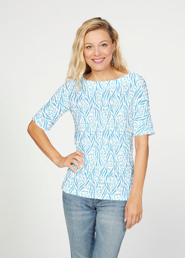 Wild Duo Aqua (7919) ~ Banded Elbow Sleeve Boat Neck Top