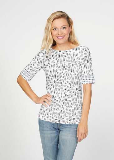 Splashy Dots Black (7921) ~ Banded Elbow Sleeve Boat Neck Top