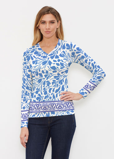 Ditsy Royal (7930) ~ Butterknit Long Sleeve V-Neck Top