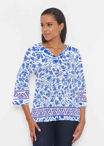 Ditsy Royal (7930) ~ Banded 3/4 Bell-Sleeve V-Neck Tunic