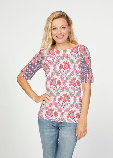 Lattice Floral (7959) ~ Banded Elbow Sleeve Boat Neck Top