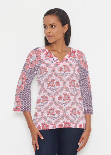 Lattice Floral (7959) ~ Banded 3/4 Bell-Sleeve V-Neck Tunic