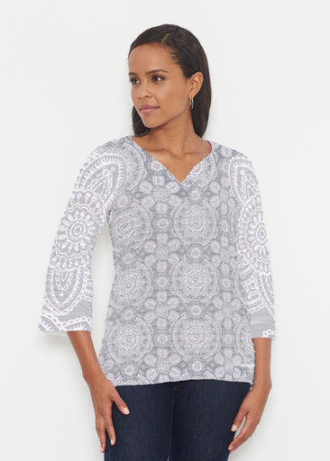 Etched Mod Grey (7964) ~ Banded 3/4 Bell-Sleeve V-Neck Tunic