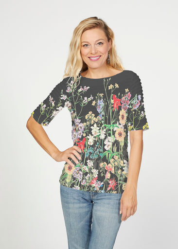 Prairie Black (7971) ~ Banded Elbow Sleeve Boat Neck Top