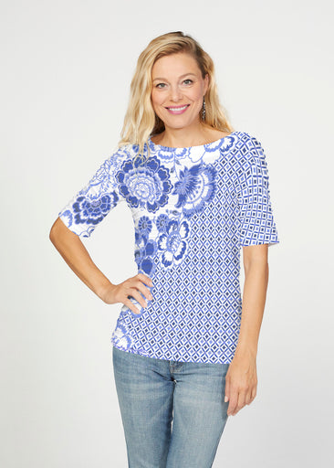 Floral Crossing Geo (7973) ~ Banded Elbow Sleeve Boat Neck Top