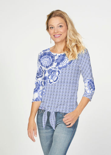 Floral Crossing Geo (7973) ~ French Terry Tie 3/4 Sleeve Top