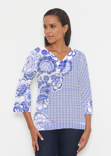 Floral Crossing Geo (7973) ~ Banded 3/4 Bell-Sleeve V-Neck Tunic
