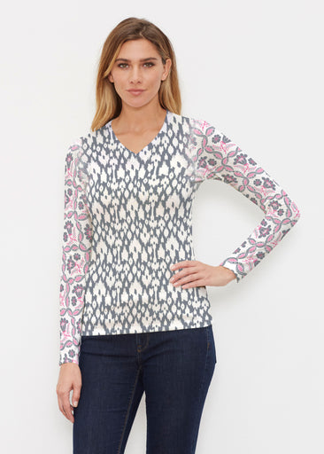 Ikat Lattice Pink (7975) ~ Butterknit Long Sleeve V-Neck Top