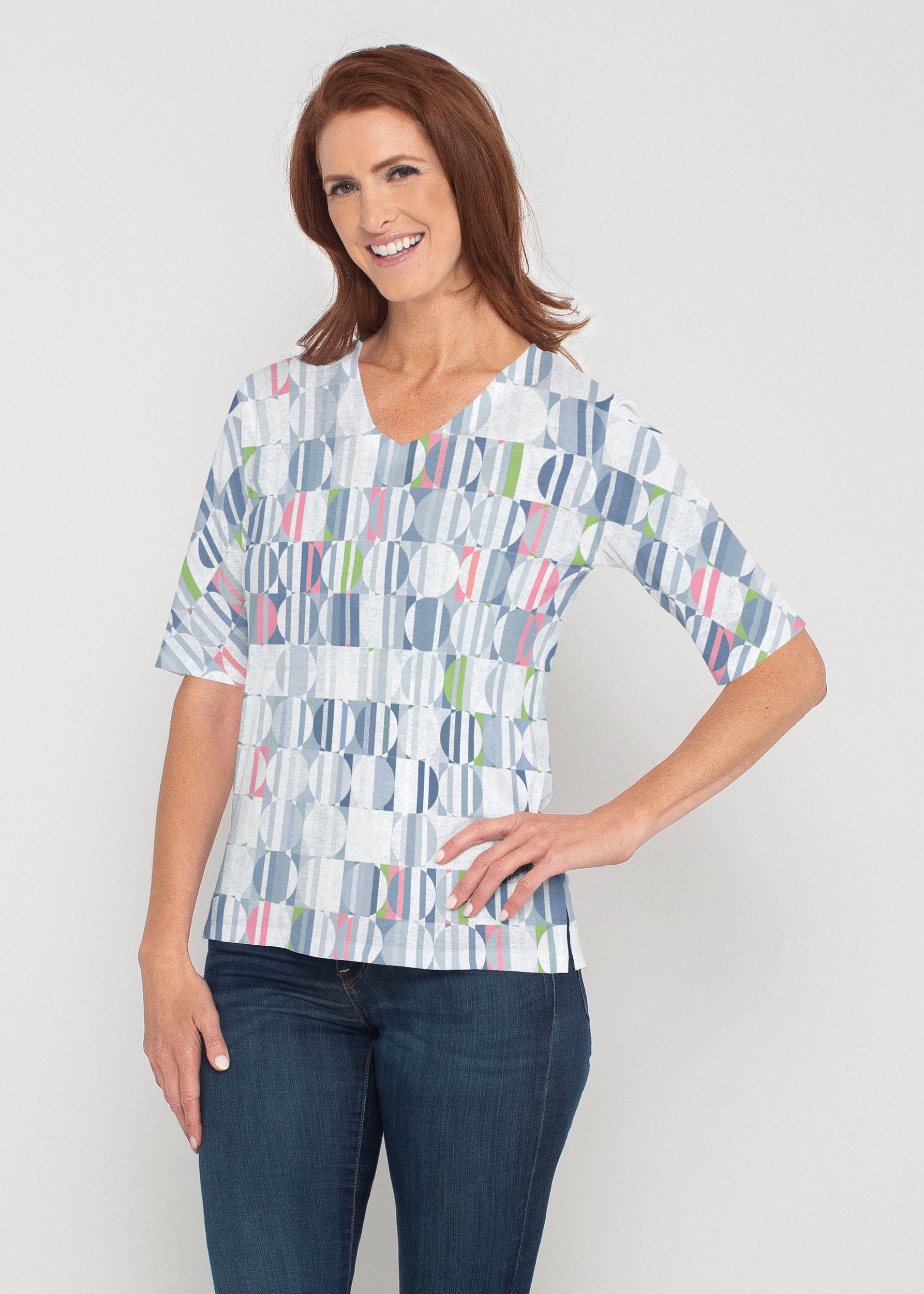 Around We Go (8012) ~ Signature Elbow Sleeve V-Neck Top – Whimsy Rose