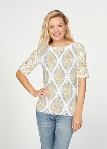 Etched Motif (8014) ~ Banded Elbow Sleeve Boat Neck Top