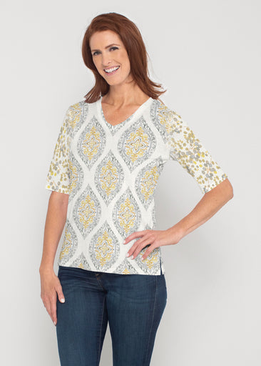 Etched Motif (8014) ~ Signature Elbow Sleeve V-Neck Top