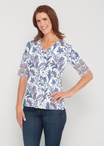 Floral Buds (8015) ~ Signature Elbow Sleeve V-Neck Top