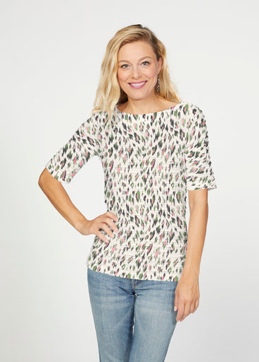 Leopard Bouquet (8019) ~ Banded Elbow Sleeve Boat Neck Top