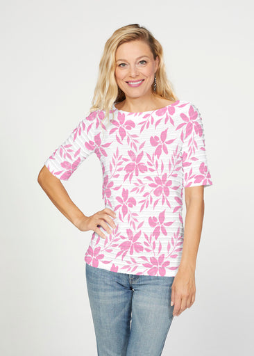 Botanical Pink (8025) ~ Banded Elbow Sleeve Boat Neck Top