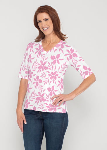 Botanical Pink (8025) ~ Signature Elbow Sleeve V-Neck Top