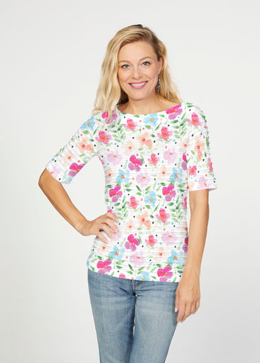 Vibrant Meadow (8026) ~ Banded Elbow Sleeve Boat Neck Top