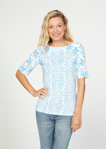 Leopard Rose Aqua (8028) ~ Banded Elbow Sleeve Boat Neck Top