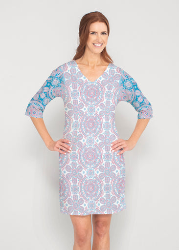 Etched Mod Blue (8033) ~ Drop Shoulder 3/4 Sleeve V-Neck Dress