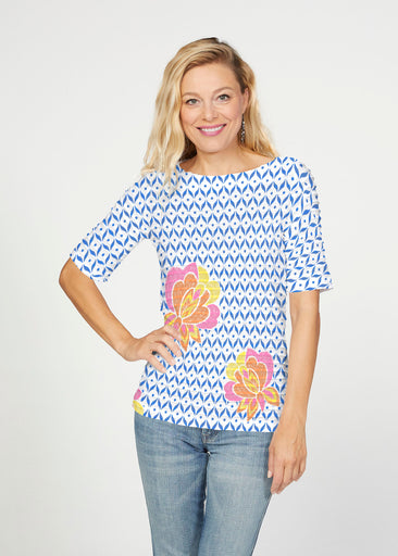 Vintage Blooms (8039) ~ Banded Elbow Sleeve Boat Neck Top