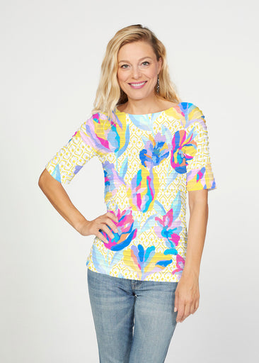Floral Spades (8048) ~ Banded Elbow Sleeve Boat Neck Top