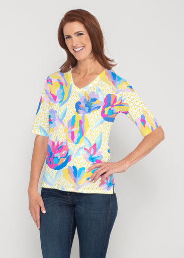 Floral Spades (8048) ~ Signature Elbow Sleeve V-Neck Top