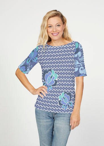 Vintage Blooms Blue (8060) ~ Banded Elbow Sleeve Boat Neck Top