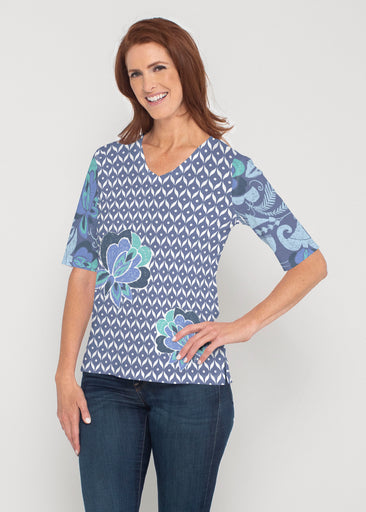 Vintage Blooms Blue (8060) ~ Signature Elbow Sleeve V-Neck Top