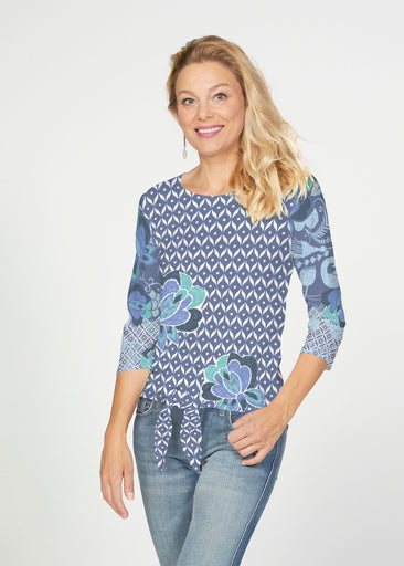 Vintage Blooms Blue (8060) ~ French Terry Tie 3/4 Sleeve Top