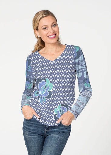 Vintage Blooms Blue (8060) ~ French Terry V-neck Top
