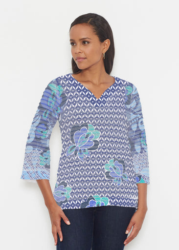 Vintage Blooms Blue (8060) ~ Banded 3/4 Bell-Sleeve V-Neck Tunic