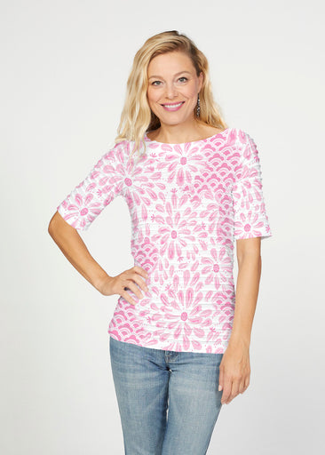 Daybreak Pink (8073) ~ Banded Elbow Sleeve Boat Neck Top