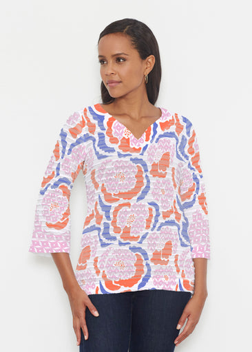 Peonies Pink (8074) ~ Banded 3/4 Bell-Sleeve V-Neck Tunic