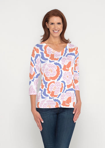 Peonies Pink (8074) ~ Signature 3/4 Sleeve V-Neck Top
