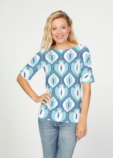 Ikat Buds Blue (8075) ~ Banded Elbow Sleeve Boat Neck Top