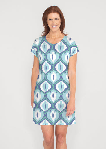 Ikat Buds Blue (8075) ~ French Terry Short Sleeve Crew Dress