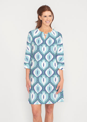 Ikat Buds Blue (8075) ~ Gathered Neck Bell Sleeve Dress