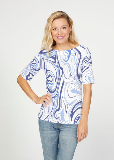 Swirly Blue (8076) ~ Banded Elbow Sleeve Boat Neck Top